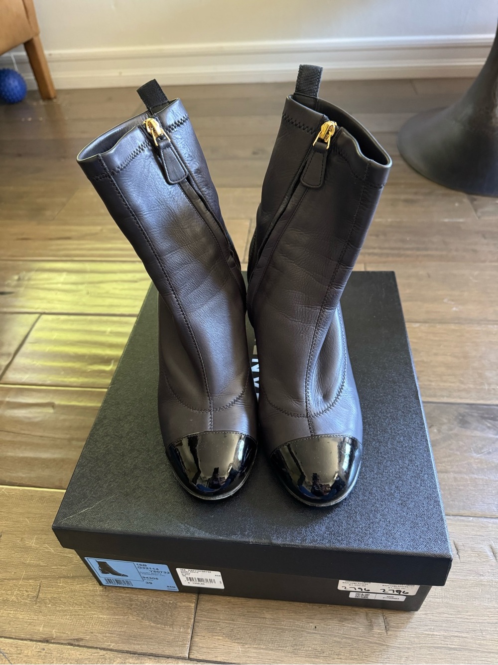 CHANEL Black Leather Mid-Calf Boots with Patent Toe Cap and Gold Zippers